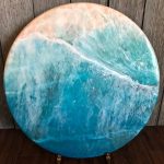 Resin Pour Painting- “Sub Aqua” – Coral Reef below translucent tropical waters with foaming waves. 18-inch Circle on 1″ Pinewood. Hangable.