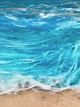 “Beach Bliss” (Resin is like a liquid glass). Modern Art. Abstract Blow Torched Painting of Ocean Waves and Beach