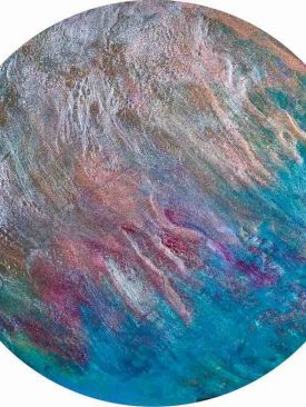 “Flyby” Planet Inspired Art for Desk, Table, Counter. Wood Display Stand Included. Pour Painting. Circle Art.