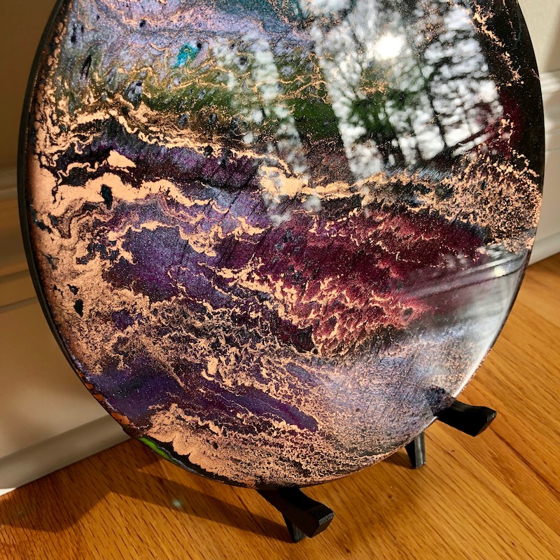 “Exploration” Planet Inspired Art for Desk, Table, Counter. Wood Display Stand Included. Pour Painting. Circle Art.