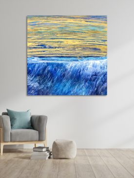 WAVE LIGHT | 24 X 24 Inch Square Seascape Resin Painting by Tiffani Buteau with Metallic Gold Abstracts