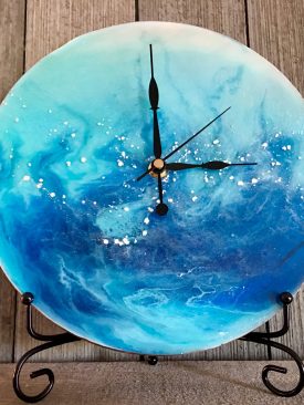 “Alastria” Resin Pour Painting & Clock, Perfect Gift for Ocean Lovers Home Decor Wall Art 10 inch.