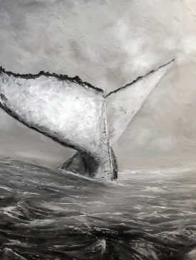 Whale Tail Noir (Black and White Monochrome) Original Oil Painting of Stormy Ocean and Humpback Whale