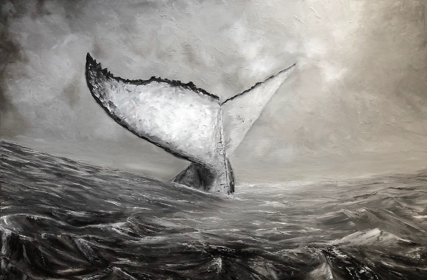 Whale Tail Noir (Black and White Monochrome) Original Oil Painting of Stormy Ocean and Humpback Whale