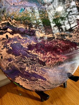 “Exploration” Planet Inspired Art for Desk, Table, Counter. Wood Display Stand Included. Pour Painting. Circle Art.