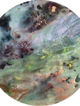 Round Resin Painting -Planetary Vista- Planet Inspired Art for Desk, Table, Counter. Wood Display Stand Included. Pour Painting. Circle Art.