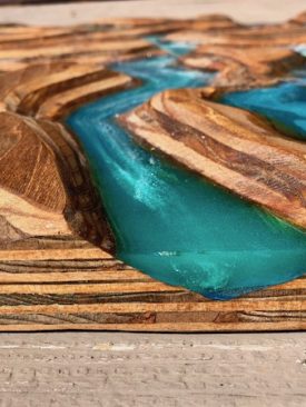 Embankments- A Resin River Carving / Painting / Sculpture Wall Art. Sculpted stained wood w/ an epoxy resin pour painting river & glaciers