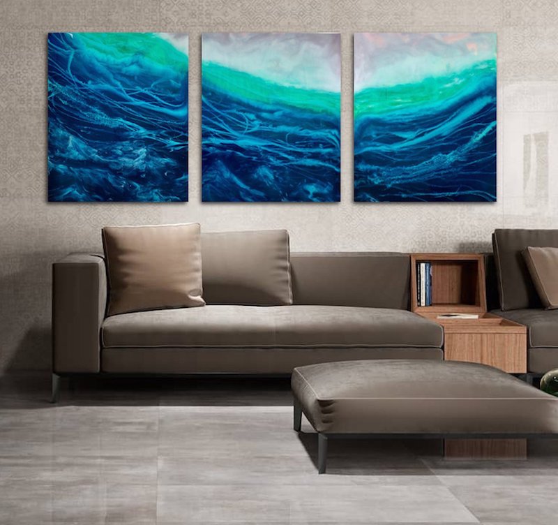 Captive- Huge Triptych Resin Painting. Ocean Waves. Pour painting on 3 cradled birch poplar wood panels. Epoxy Art. Large Art. 5+ ft across