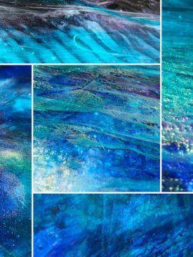 CADENCE OF DESCENT- Resin pour painting by Tiffani Buteau. Large: 18″ x 48″. Oceanic / Nebula Abstract Painting. Epoxy Resin on Birchwood