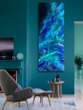 CADENCE OF DESCENT- Resin pour painting by Tiffani Buteau. Large: 18″ x 48″. Oceanic / Nebula Abstract Painting. Epoxy Resin on Birchwood